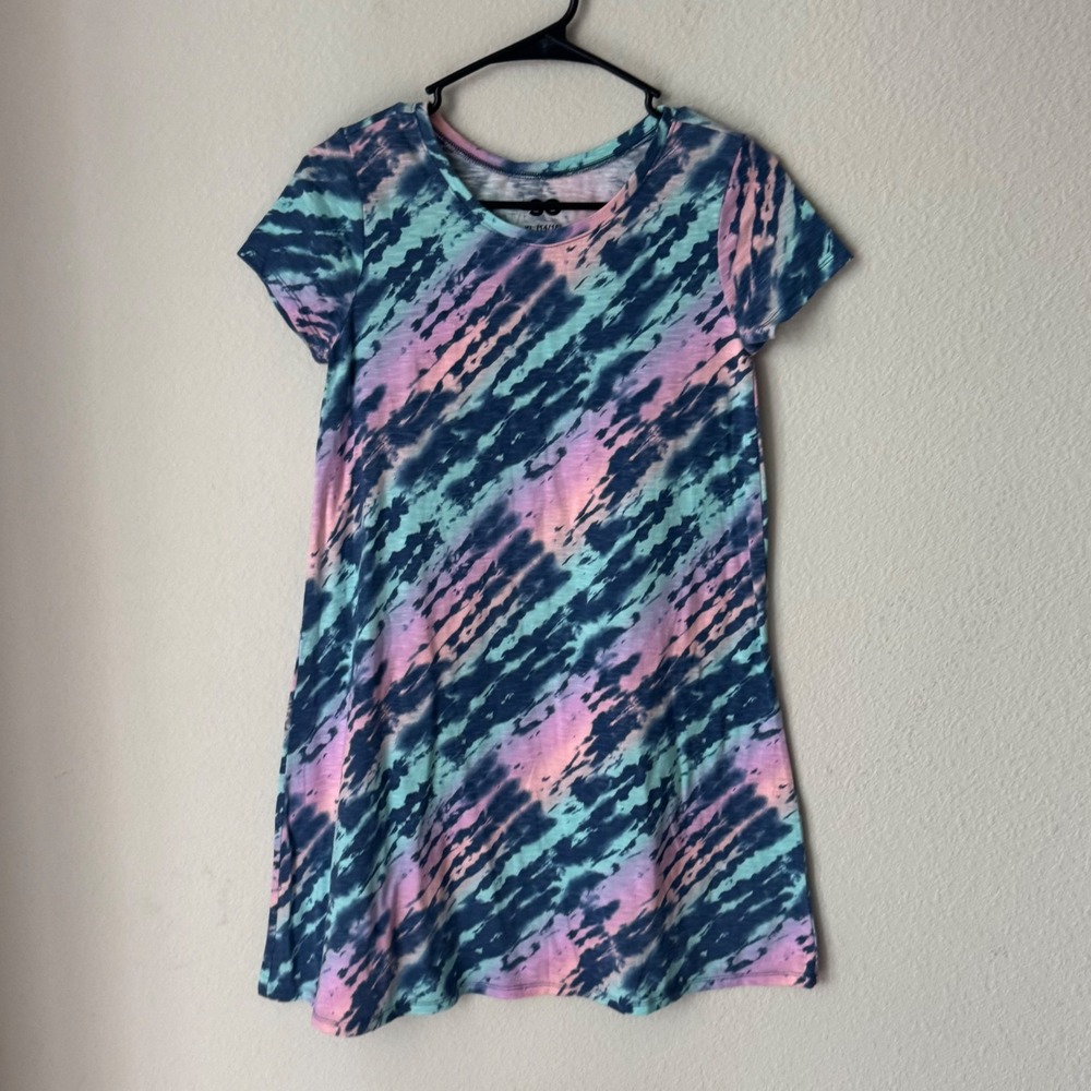 SO Girls‎ XL 14/16 Tie Dye T-Shirt Dress Pink Teal Navy Blue Short Sleeve Mini